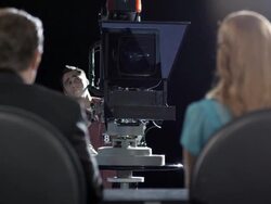 MS Man counting down to news anchors, Dallas, Texas, USA Stock Footage
