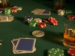Card game with gambling chips; stud poker 5th card deal, Spain Stock Footage