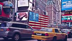 Times Square in New York and american flag Stock Footage