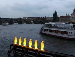 MS Passengers ferries flowing in vltava river at night  / Prague, Hlavni mesto Praha, Czech Republic Stock Footage