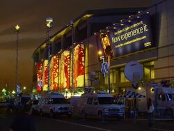 MS, News vans with microwave transmission masts in front of Staples Center, Los Angeles, California, USA, Stock Footage