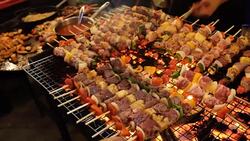 BBQ barbecue,on the road in Thailand Stock Footage