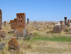 Noratus (Noraduz) cemetery, Sevan lake, tombstones and khatchkars in the cemetery Stock Footage