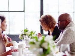 MS group of friends eating desert at dinner party Stock Footage