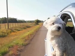 Small dog looking out car window going down the road Stock Footage