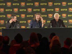 INTERVIEW: Robert Plant, Jimmy Page on how they celebrated after their O2 gig, Led Zeppelin Celebration Day Press Conference on September 21, 2012 in London, England (Footage by WireImage Video/Getty Images) Stock Footage