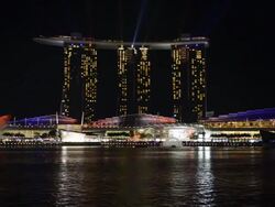 WS View of Marina bay sands hotel light show at night / Singapore Stock Footage