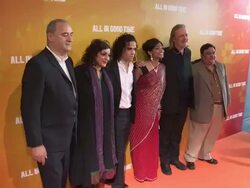 Ayub Khan Din, Meera Syal, Reece Ritchie, Amara Karan, Nigel Cole & Harish Patel at Gala Premiere of All In Good Time at BFI Southbank on May 8, 2012 in London, England (Footage by WireImage Video/Getty Images) Stock Footage