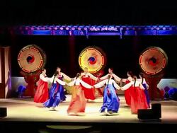 WS View of Womens dancing Ganggangsulae ( traditional Korean circle dance play) at Korean traditional Festival AUDIO / Seoul, South Korea Stock Footage