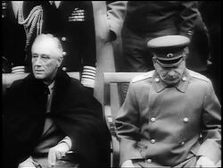 B/W 1945 FDR + Stalin sitting + posing for cameras at Yalta Conference / Crimea, USSR / newsreel Stock Footage