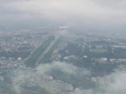 WS AERIAL ZI View of Low cloud over Versialles / Paris, France Stock Footage