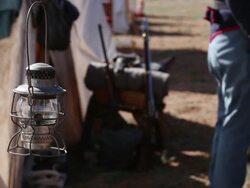 CU PAN Shot of lantern hanging from civil war tent / Santa Fe, New Mexico, United States Stock Footage