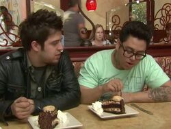 INTERVIEW: Andrew Garcia and Lee DeWyze on what they think of Reese's Peanut Butter Chocolate Cake Cheesecake. at the American Idols Celebrate National Cheesecake Day Stock Footage