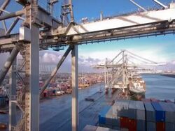 T/L cranes moving in Rotterdam shipyard, Netherlands Stock Footage