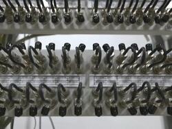 Dolly up: Data Server Room with Fiber Optic Communication Node Stock Footage