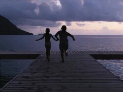 two children jumping off a pier into the ocean Stock Footage