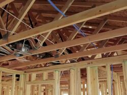 MS PAN Shot of Interior of home under construction celling / Portland, Oregon, United States Stock Footage
