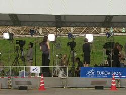 WS View of television news crews working outside during G8 meeting / Hokkaido Toyako, Japan Stock Footage