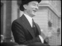 B/W May 1932 Mayor Jimmy Walker laughing, clapping + watching Beer Parade / 5th Ave, NYC Stock Footage