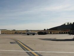 MS F-16 fighter jet taxiing across airfield, Aurora, Colorado, USA Stock Footage