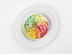 CU Woman hand entering setting down round white plate with colorful red, yellow and green wiggly jello mold / Omaha, Nebraska, United States Stock Footage