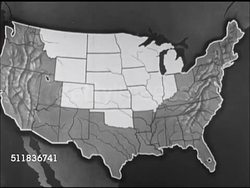 1947: UNITED STATES MAP: Highlighted central states w/ pictorial markings designating areas of agriculture, livestock, lumber, factories. Instructional Video