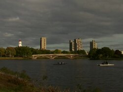WS Four person crew team turning boat in  Charles River AUDIO / Cambridge, Massachusettes, United States Stock Footage