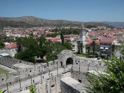 Trogir, Kamerlengo castle, built 15th century by Marin Radoj Stock Footage