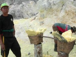 MS PAN Miner after collecting the sulfur at the Ijen volcano crater / Ijen, Java, Indonesia Stock Footage