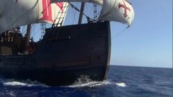 The crew of the Santa Maria scurries over the deck as she sails the open ocean. Stock Footage