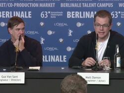 INTERVIEW - Matt Damon on the themes and moral dilemmas in the film 'Promise Land' Press Conference on February 8, 2013 in Berlin, Germany.  Stock Footage