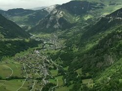 AERIAL View of village in valley, Verbier, Valais, Switzerland Stock Footage