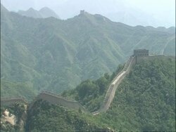 WA Great Wall of China in midst of forested mountains, Badaling, China Stock Footage