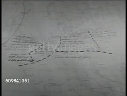 1942: REPRISAL of FEBRUARY 20TH 1942: Sign: Operations Room VIII th. Bomber Command. Major General Fredrick Anderson Jr (1905-1969) SOT asking Major about weather, looking over maps, photos, ordering attack on Nuremberg, Anklam, Danzig harbor. Instructional Video