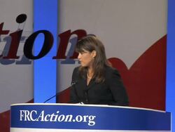 WS ZI New Republican Senate candidate Christine O'Donnell giving speech on stage at Values Voters Summit Audio / Washington, DC, United States Stock Footage