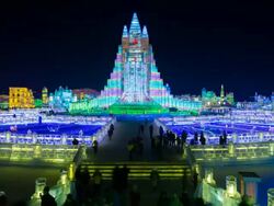 Spectacular illuminated ice sculptures at the Harbin Ice and Snow Festival in Heilongjiang Province, Harbin, China - Time lapse Stock Footage