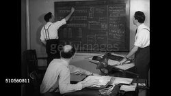 1947: LADIES' GARMENT UNION: RESEARCH &amp; DEVELOPMENT: INT MS Man entering office 'Management Engineering Dept.' VS Engineers writing at blackboard. INT VS Researchers testing new sewing machine cameraman filming number counter. NYC R&amp;D ILGWU Instructional Video