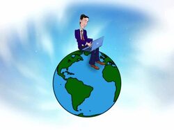 Cartoon Executive using a LapTop sitting on the World Stock Footage