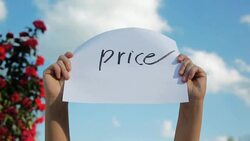 Holding Paper Sign of English Word Price in the Sky Stock Footage