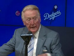 Legendary sportscaster Vin Scully announces he will return for a 66th season broadcasting Los Angeles Dodgersâ€™ baseball games Stock Footage
