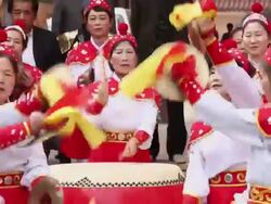 LS CU PAN People performing gongs and drums with costumes/xian,shaanxi,China Stock Footage