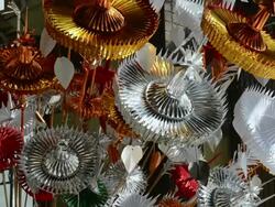 MS Small temple umbrellas for offerings in sule pagoda temple / Yangon, Yangon Division, Myanmar Stock Footage