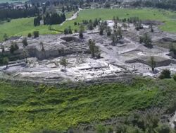 Aerial Tel Megido archaeological site in Jezreel Valley, Israel, Megiddo, Israel Stock Footage