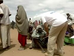 UN officer checking refugees documents Stock Footage
