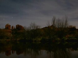 MS T/L Stars moving over Cathedral Rock with creek / Sedona, Arizona, United States  Stock Footage