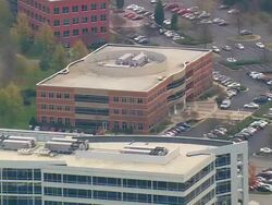 MS AERIAL Shot of Triangle Research Centre with parking area / North Carolina, United States Stock Footage