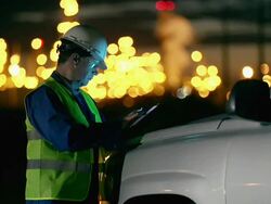 Engineer with tablet at industrial, oil or gas plant Stock Footage