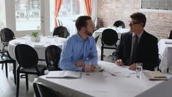 Small business owner meets with financial advisor in restaurant Stock Footage