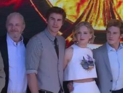 Jennifer Lawrence, Josh Hutcherson, Liam Hemsworth, Julianne Moore, & Donald Sutherland pose for photos at The Hunger Games: Mockingjay Pt 1 photocall at Celebrity Sightings in Cannes on May 17, 2014 in Cannes, France. Stock Footage