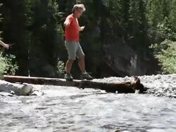 Couple balance along log whie crossing creek, man offers hand Stock Footage